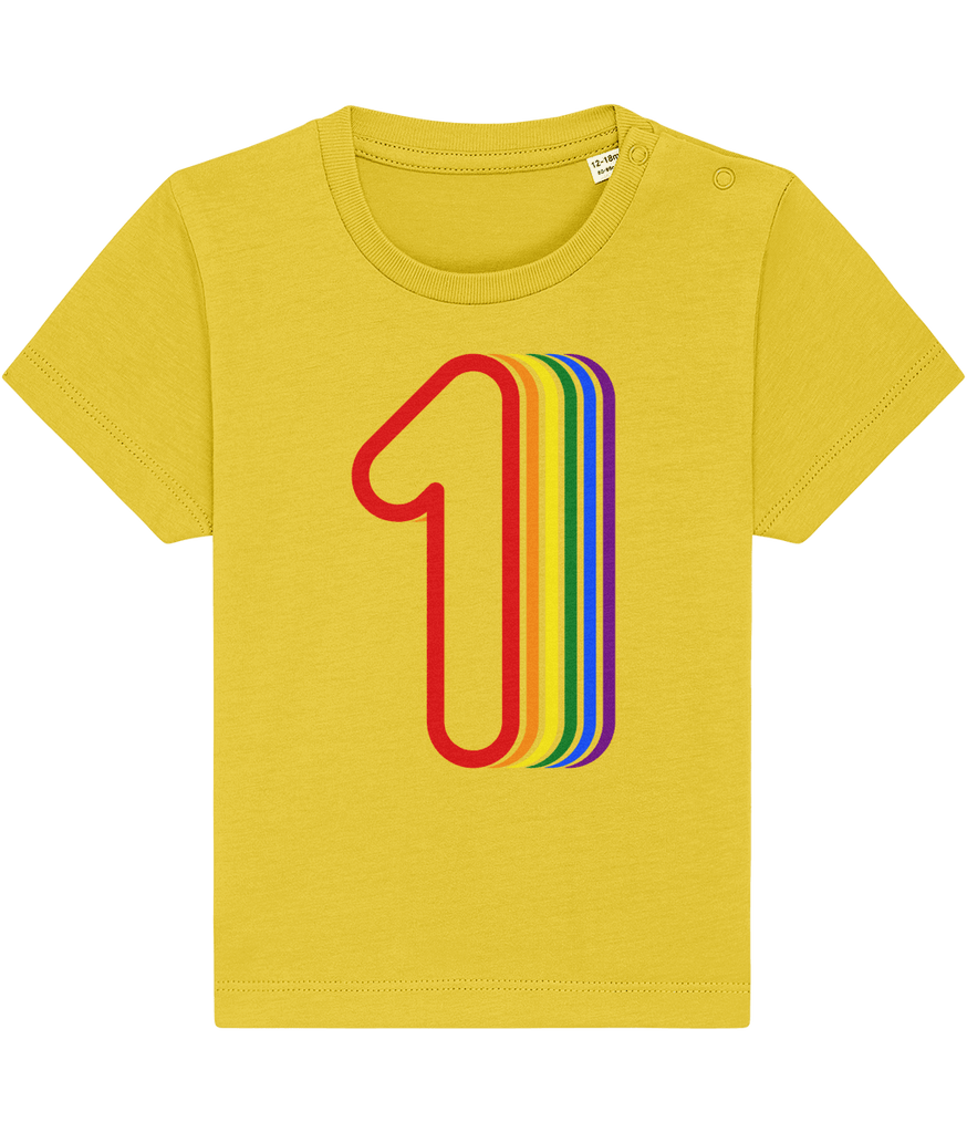 A bright yellow t-shirt with a graphic of a '1' on it that goes to orange, then yellow, then green, then blue, and finally purple.