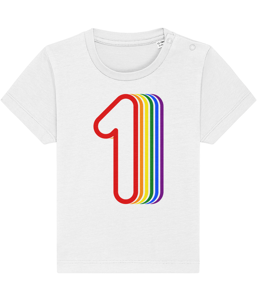 White t-shirt with a graphic of a '1' on it that goes to orange, then yellow, then green, then blue, and finally purple.
