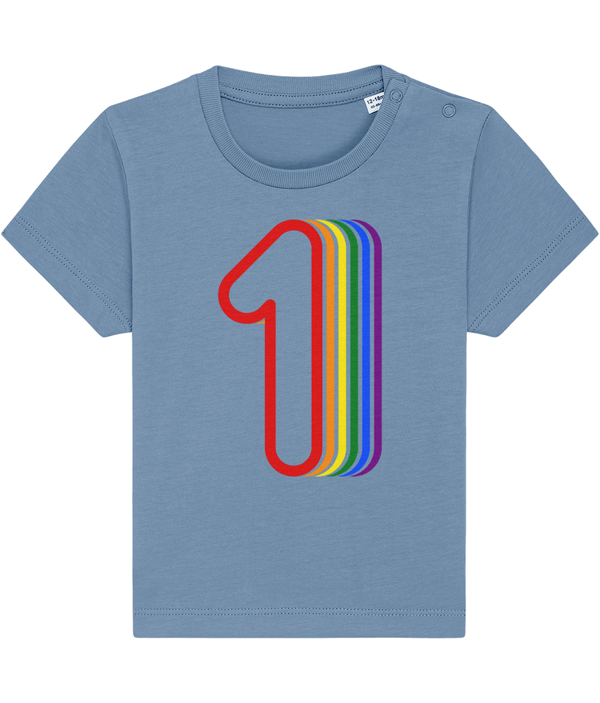 A grey/blue t-shirt with a graphic of a '1' on it that goes to orange, then yellow, then green, then blue, and finally purple.
