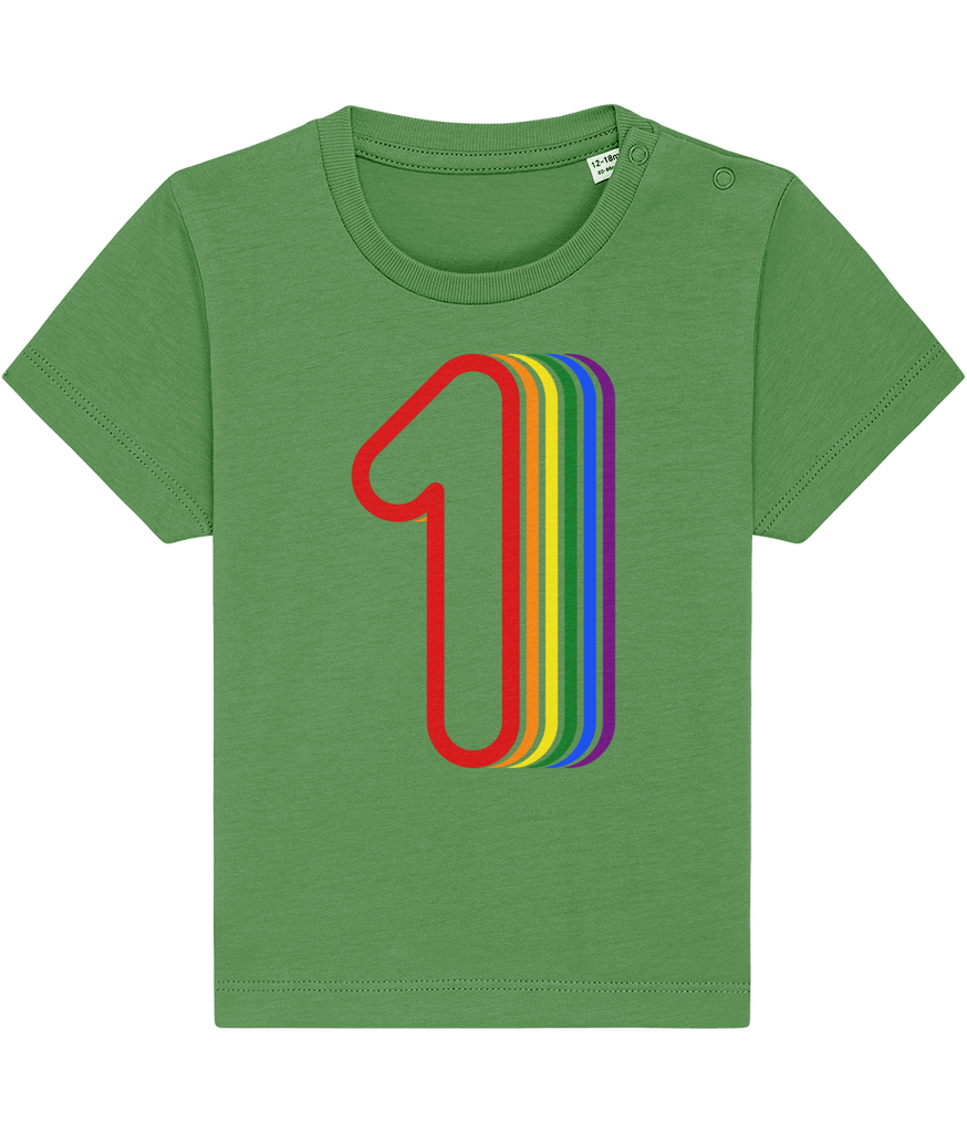 A cactus-green t-shirt with a graphic of a '1' on it that goes to orange, then yellow, then green, then blue, and finally purple.