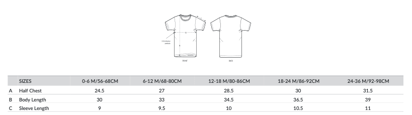A size chart with a picture of the front and back of a drawn t-shirt. Across the front of the t-shirt there's a line across showing half chest and is labelled as 'A'. There's another line going down the body showing body length which is labelled 'B'. Then theres a line going down the sleeve showing sleeve length which is labelled 'C'.