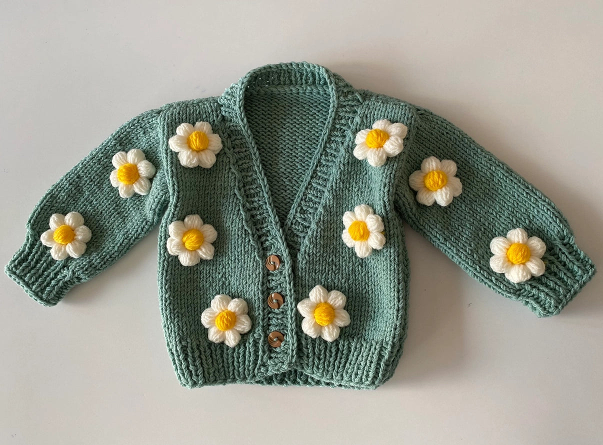Handmade Baby Daisy Cardigan Flowers - Green