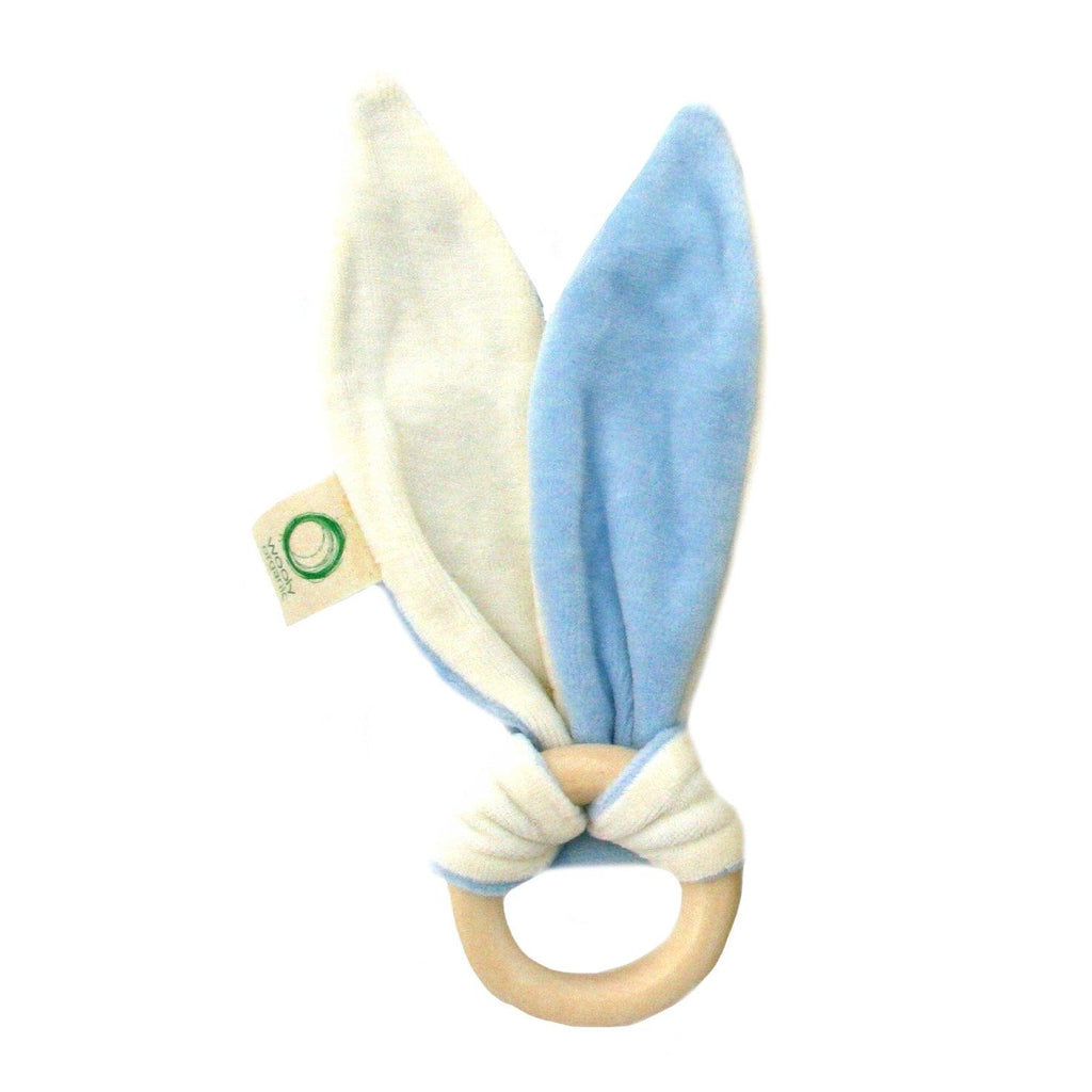 Organic Crinkle Bunny Ears with Teething Ring - Blue - Tutti Frutti Clothing