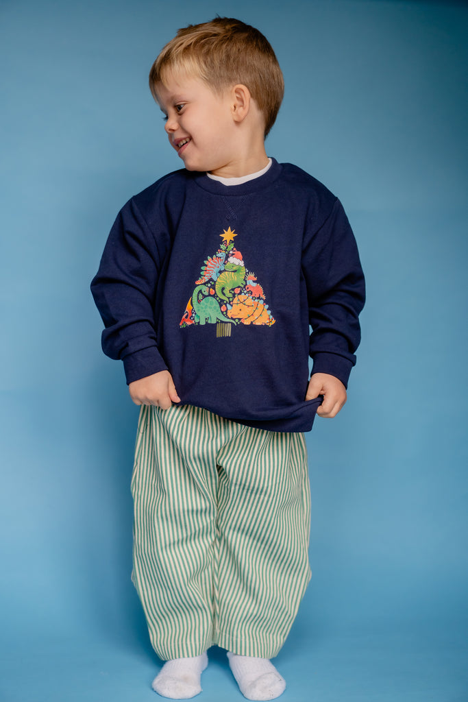 Child wearing a navy sweatshirt with a colorful graphic and green striped pants on a blue background